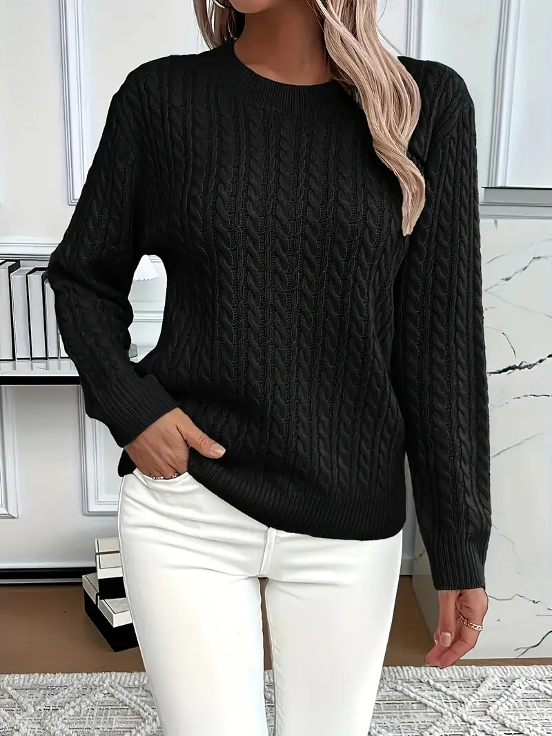Crew Neck Long Sleeve Cable Knit Sweater 7