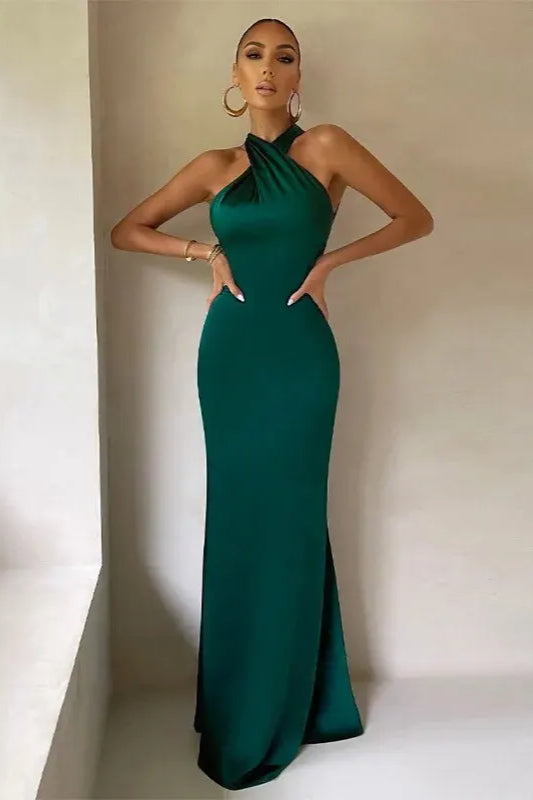 Halter Neck Cross Front Mermaid Maxi Gown