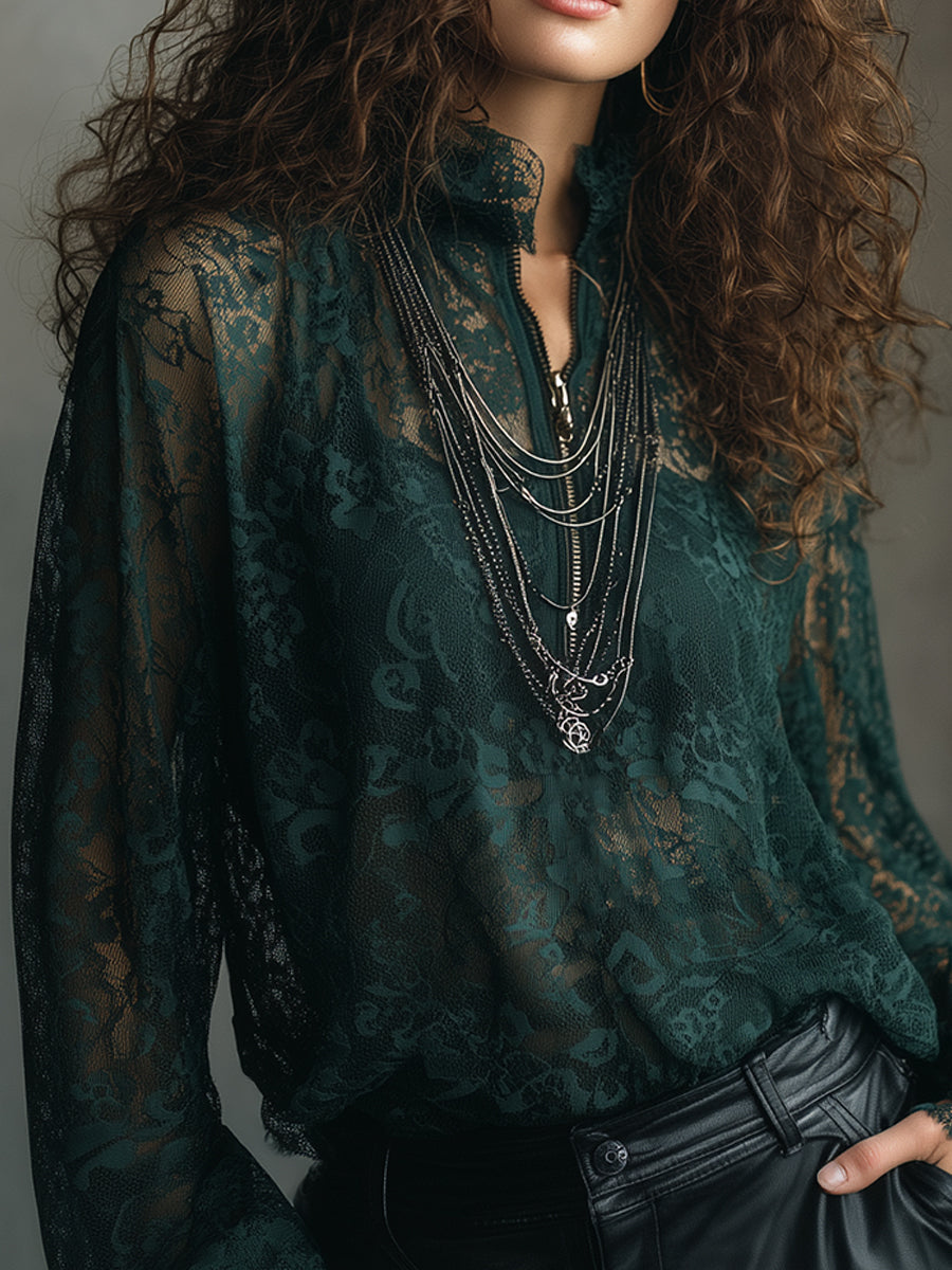 Bohemian Lace Bell Cuffs Front Zip Loose Blouse