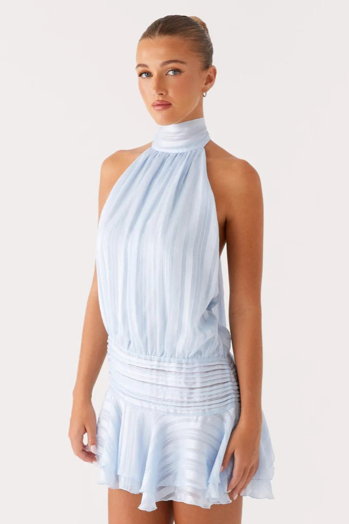 Satin Halter Neck Ruched Ruffle Hem Mini Dress - View 17