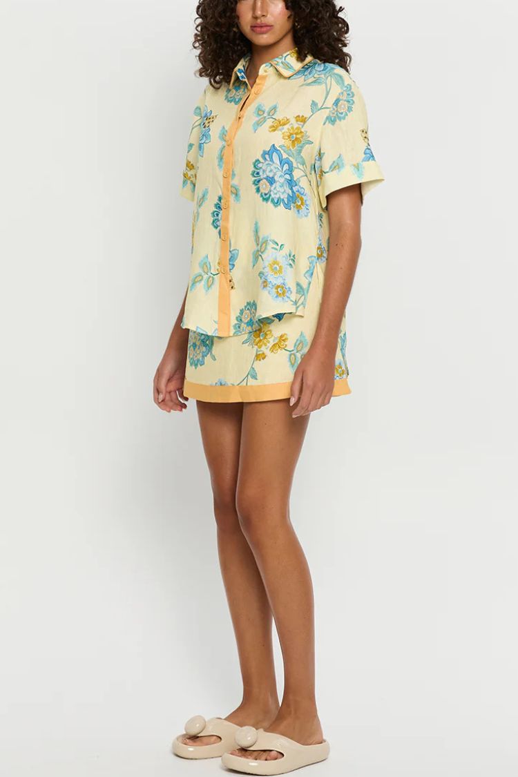 Giselle Linen Blend Floral Print Short Sleeve Shirt and Zipper Mini Skirt Set - Fashionpara
