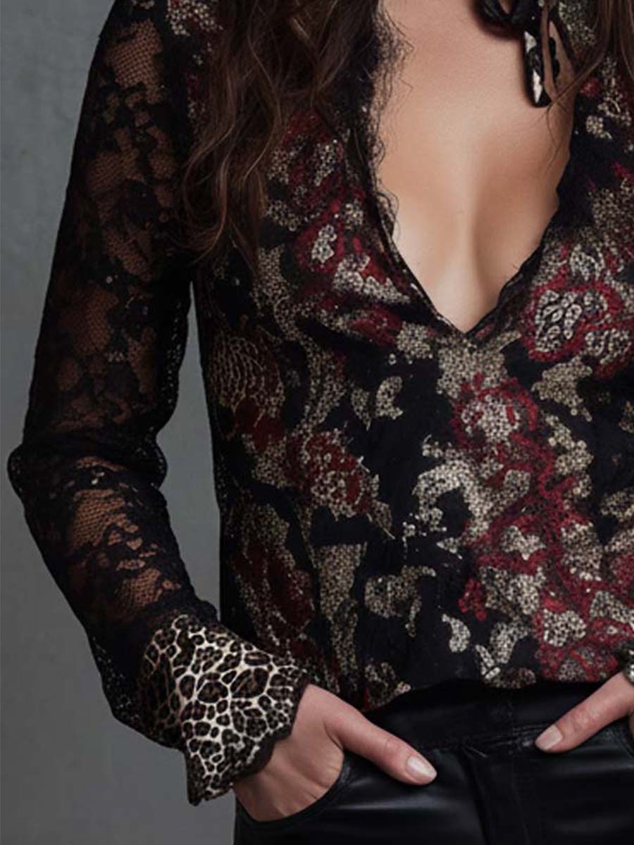 Velvet Floral Print Lace Blouse