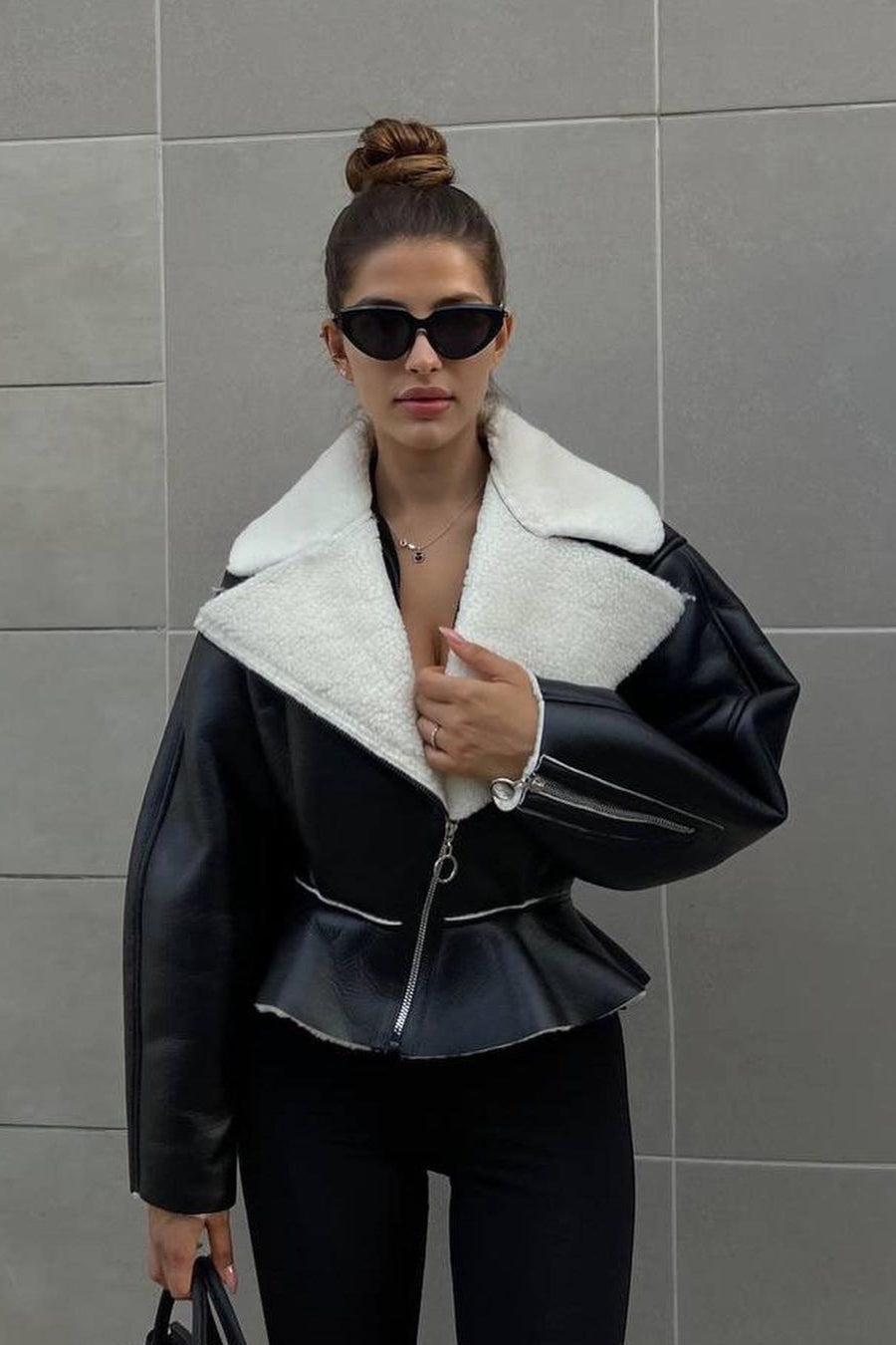 Odd Zip Leather Fur Pieced Coat 10