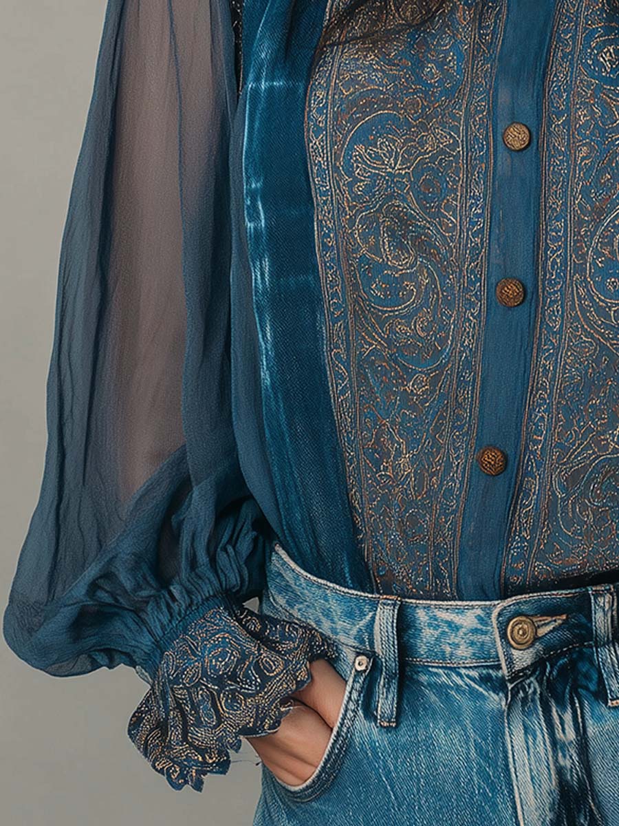 Vintage Bohemian Chiffon Printed Blouse With Lace Trim - Fashionpara