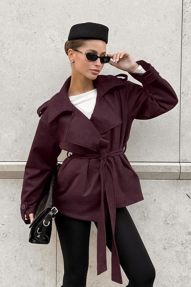 Suede Solid Tie Waist Thickened Warm Coat 4