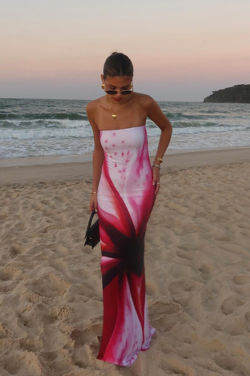 Abstract Print Strapless Bodycon Maxi Dress