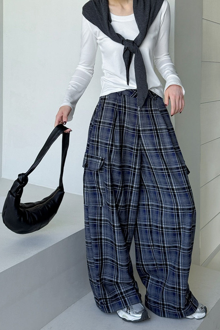 Retro Colorblock Plaid Casual Straight Pants