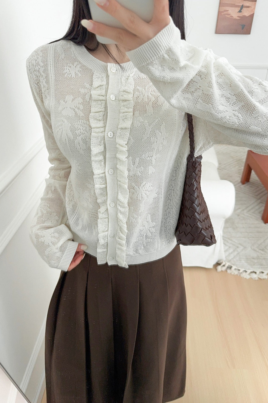 Soft-Style Stand-Collar Lace Cutout Cardigan for Elegant Wear