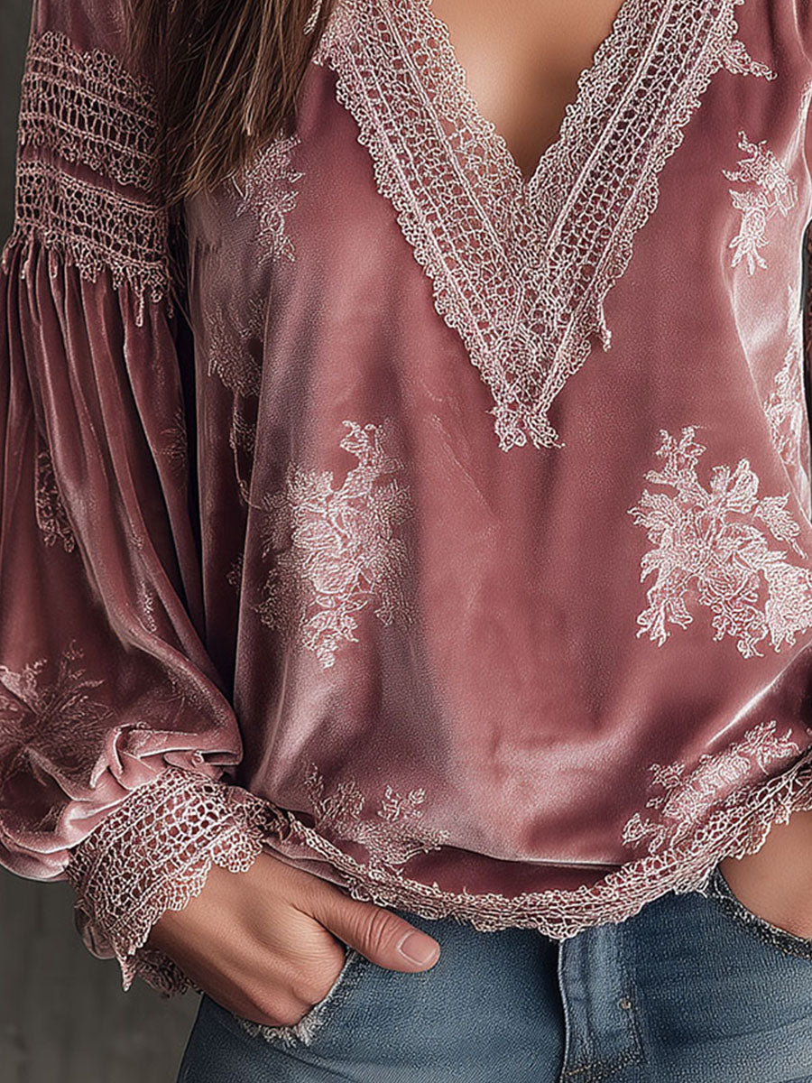 Limited Sale : Romantic V-Neck Rose Velvet Blouse With Lace Trim - Fashionpara