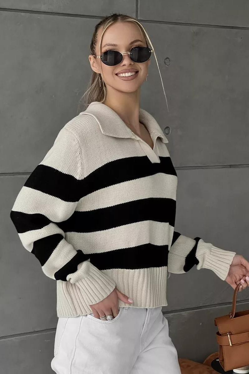 Striped Color Block Polo Sweater