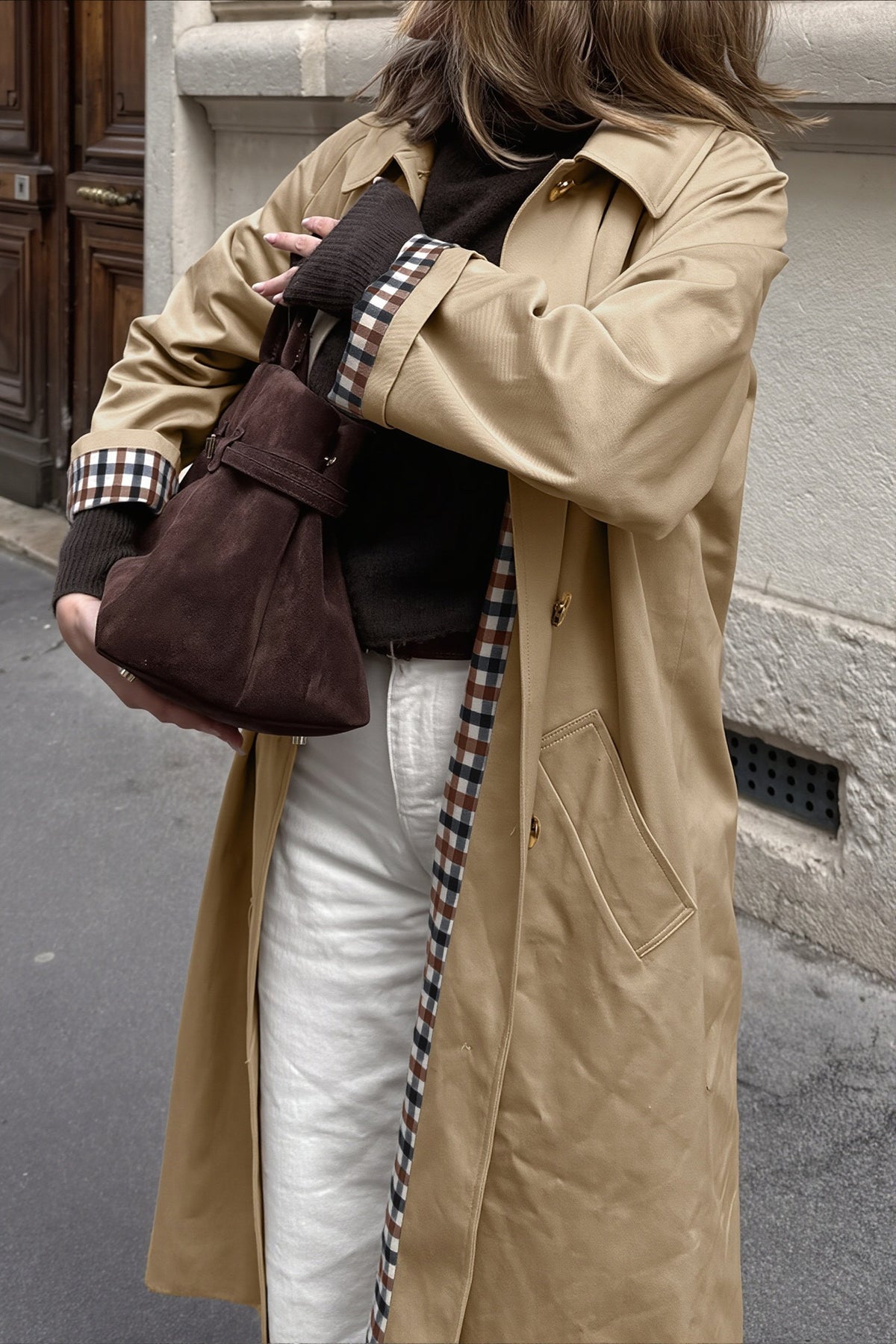 Check Trim Single Breasted Long Trench Coat 2