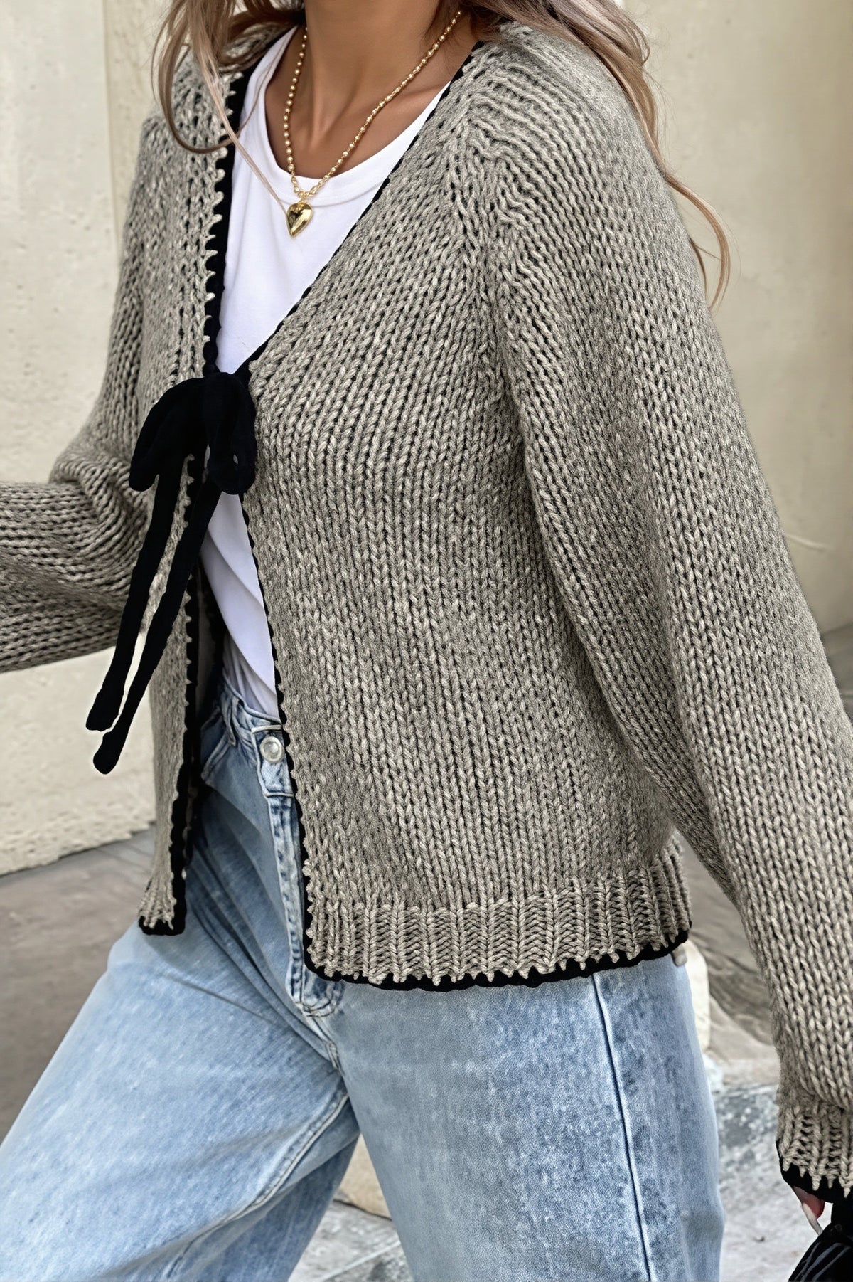 Contrast Edge V Neck Tie Front Cardigan