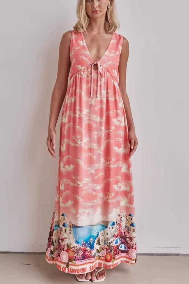 Resort Style Unique Printed Sleeveless V-neck Casual Maxi Dress - Fashionpara