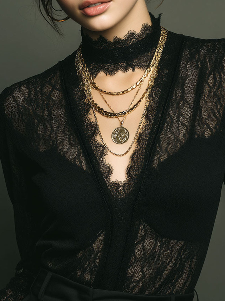 Sheer Black Lace Deep V Blouse – Vintage Gothic Long Sleeve Shirt With Scalloped Trim - Fashionpara