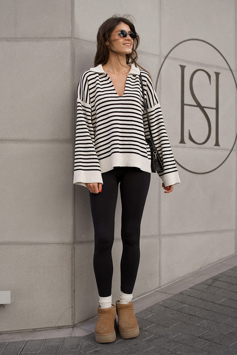 Striped Polo Neck Loose Fit Knit Sweater