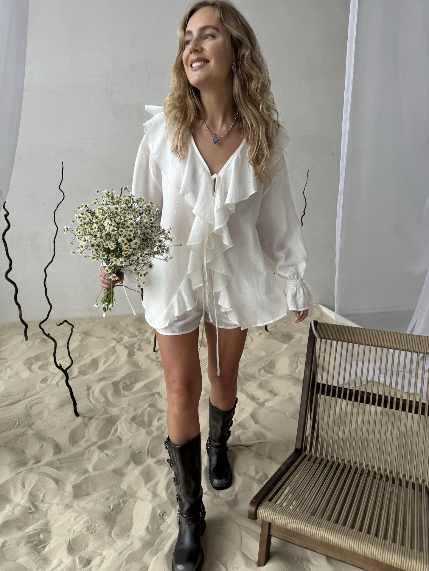 Ruffled Hem Tie Front Cardigan and Shorts Set for Style
