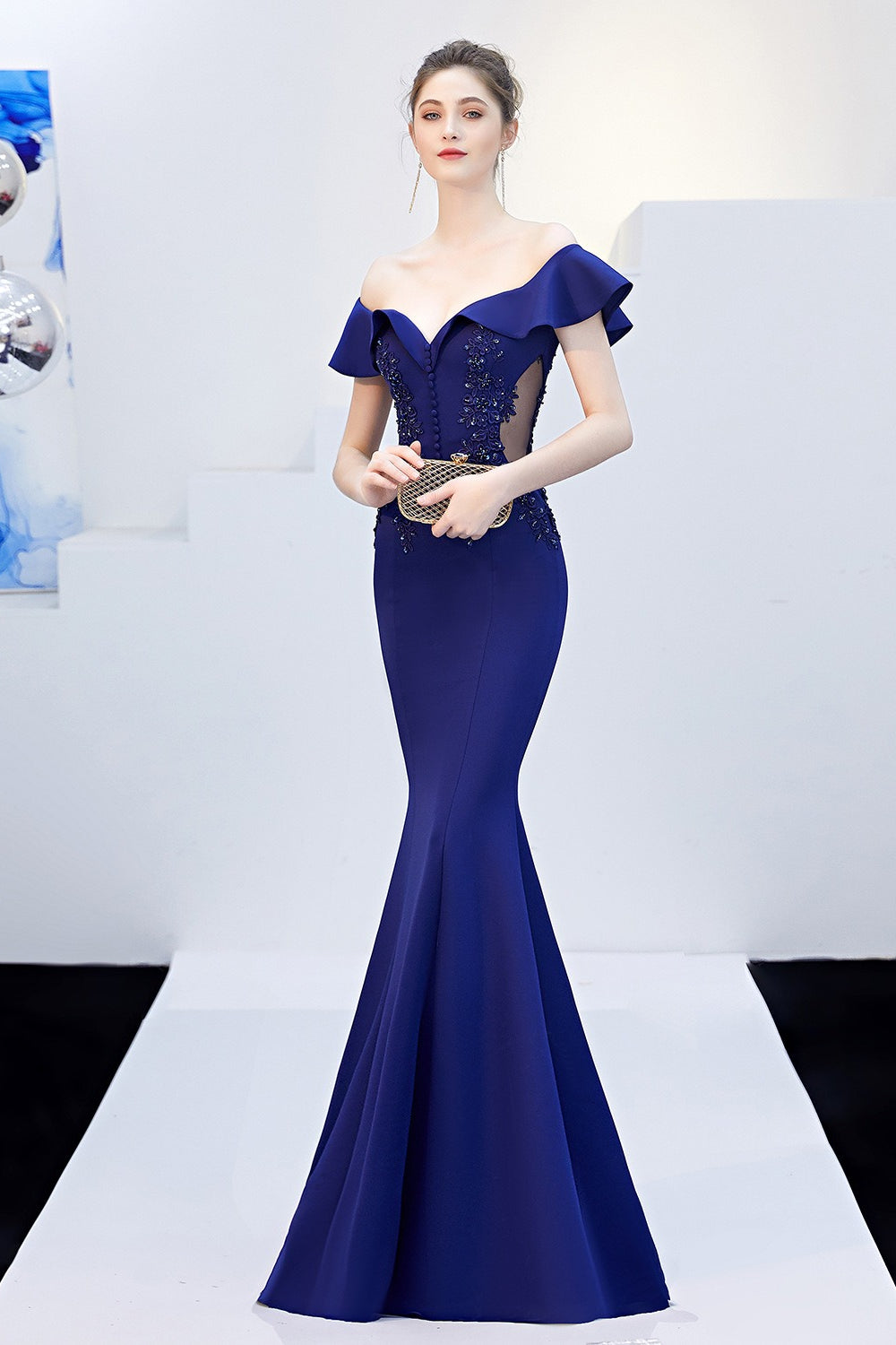 Off Shoulder Ruffle Beaded Mermaid Formal Gown - View 18