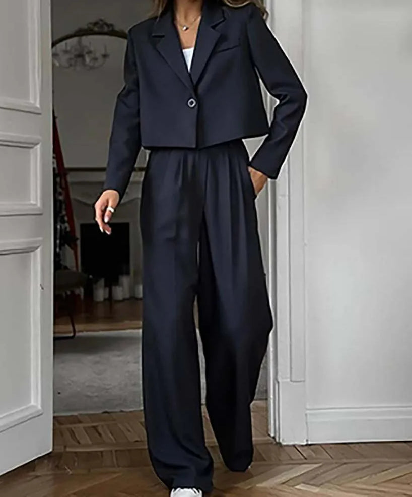 Black Blue Single Button Blazer Office Two Piece Set