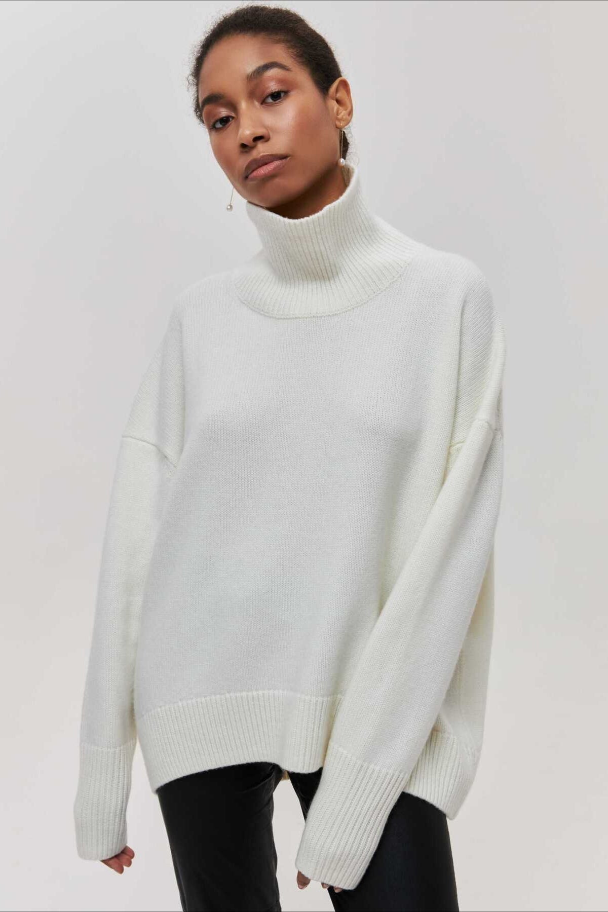 Asymmetric Cape Sleeve Turtleneck Knit Sweater 16