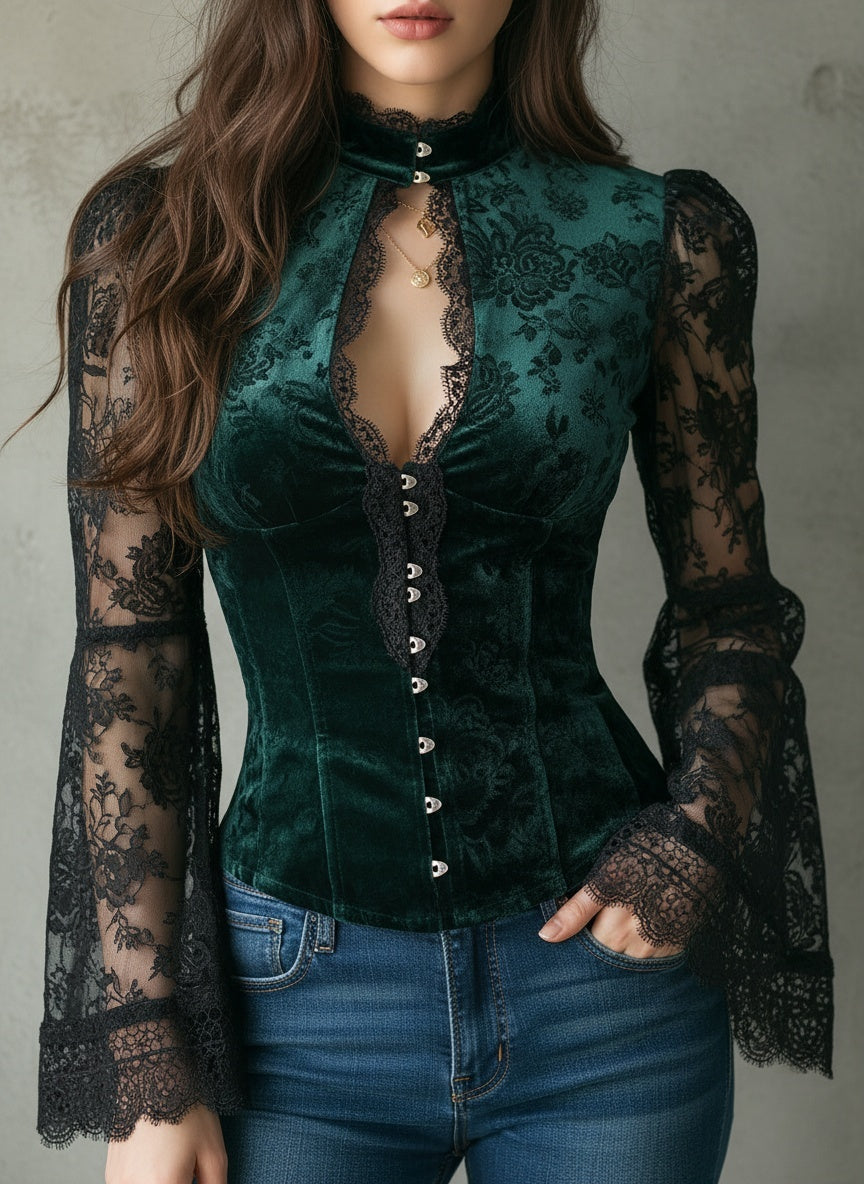 Emerald Victorian Lace & Velvet Blouse - Fashionpara