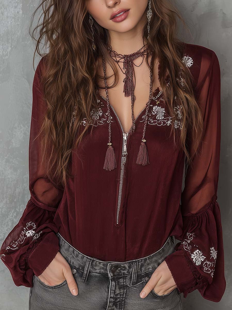 Embroidered Boho Zip-Front Chiffon Blouse