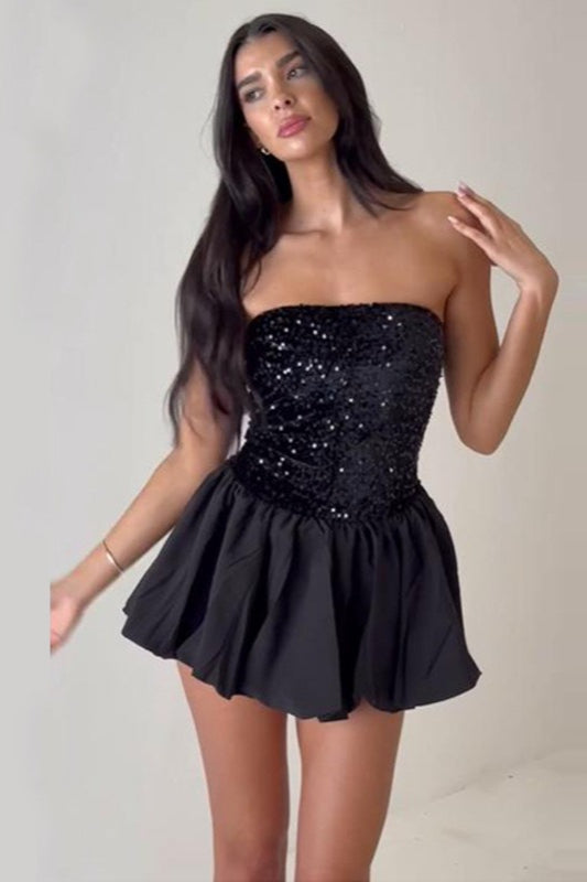 Sequin Strapless Midi Dress in Black - View 2