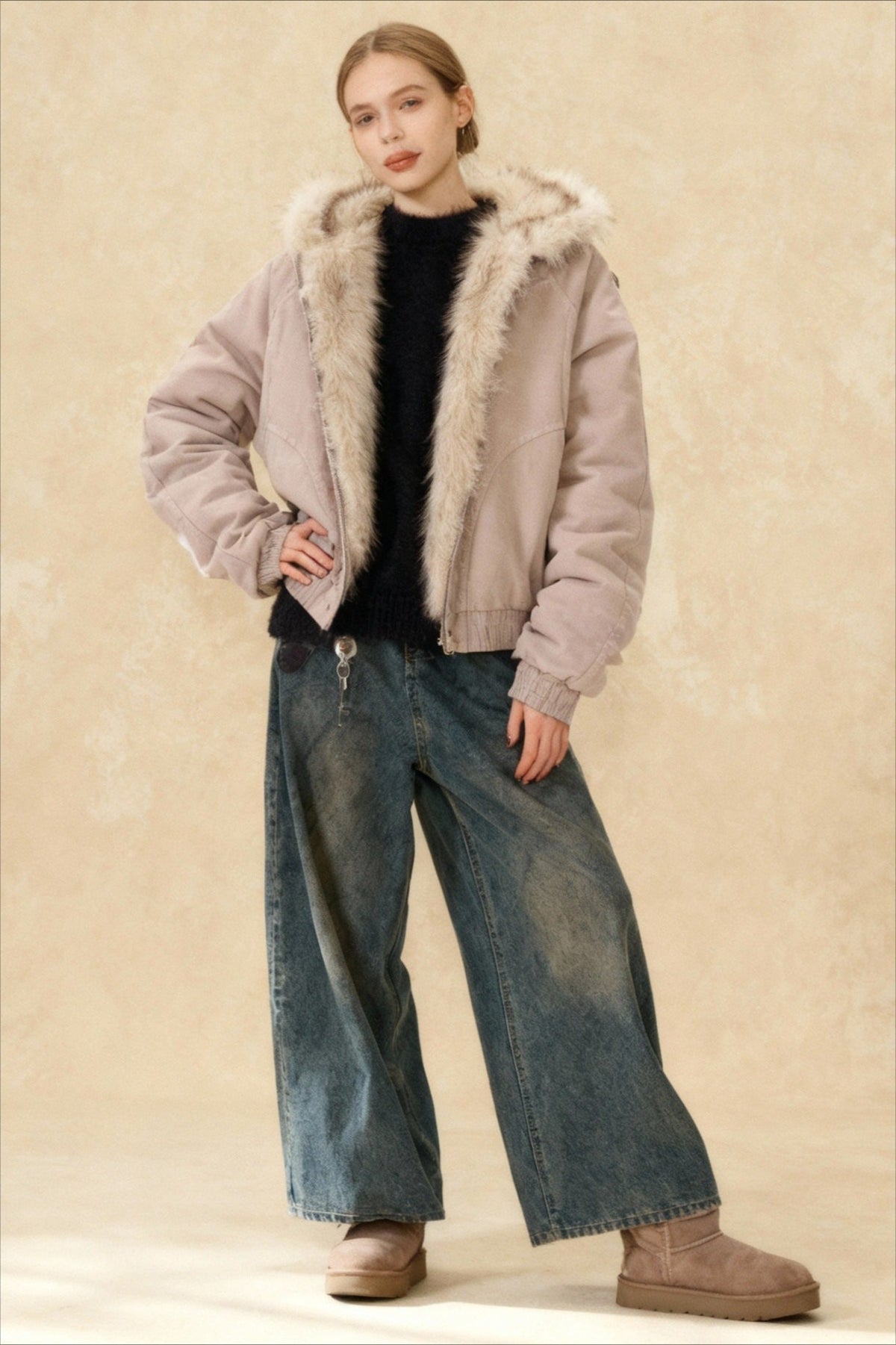 Fur-Trimmed Hooded Bomber Jacket