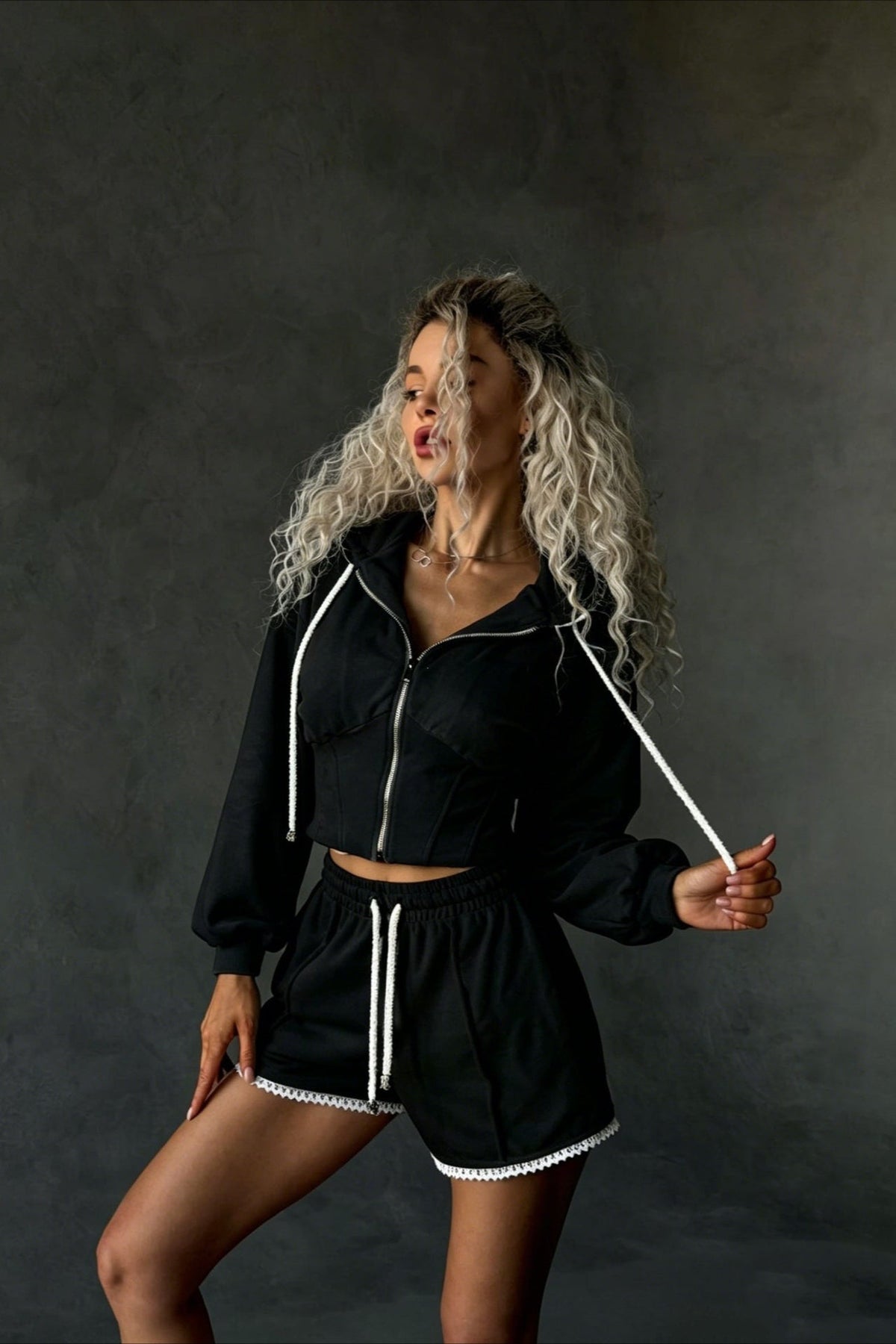 Contrast Velour Zip Front Shorts Hoodie Two Piece Set