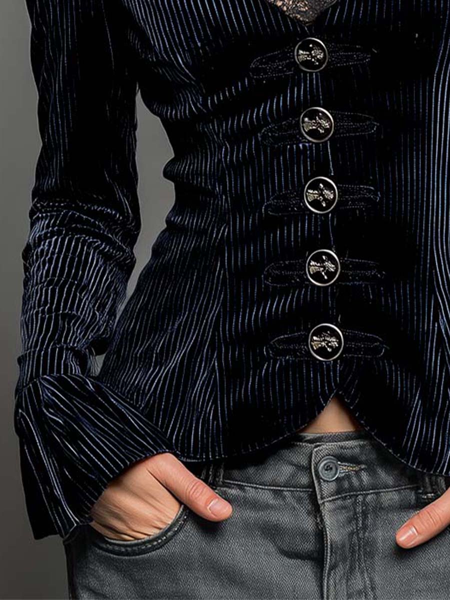 Lace V-neck Flared Cuffs Vintage Velvet Shirt - Fashionpara