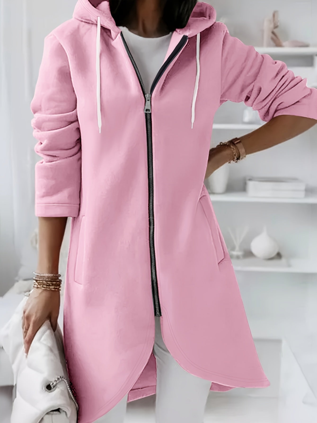 Solid Zipper Drawstring Midi Hooded Jacket for Versatile Style