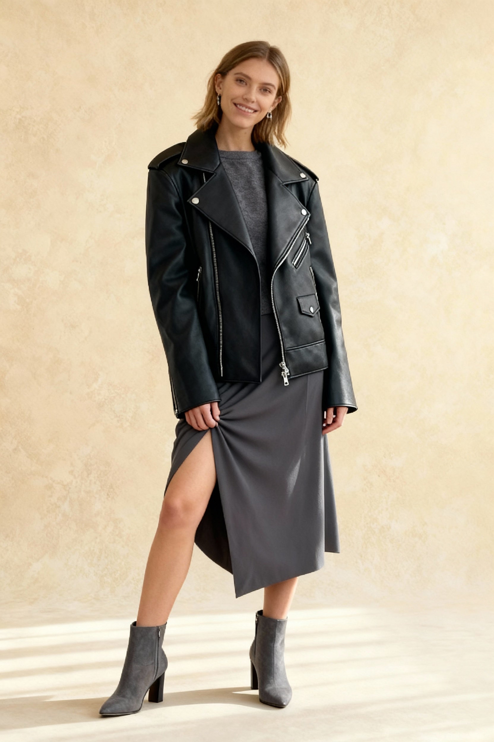 Black Zippers Oversized Leather Coat - Fashionpara