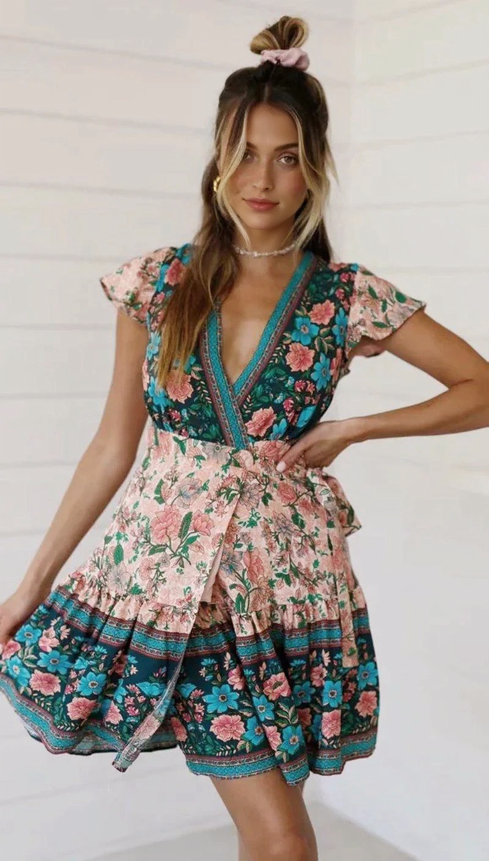 Boho Floral V-Neck Flutter Sleeve Wrap Mini Dress 3