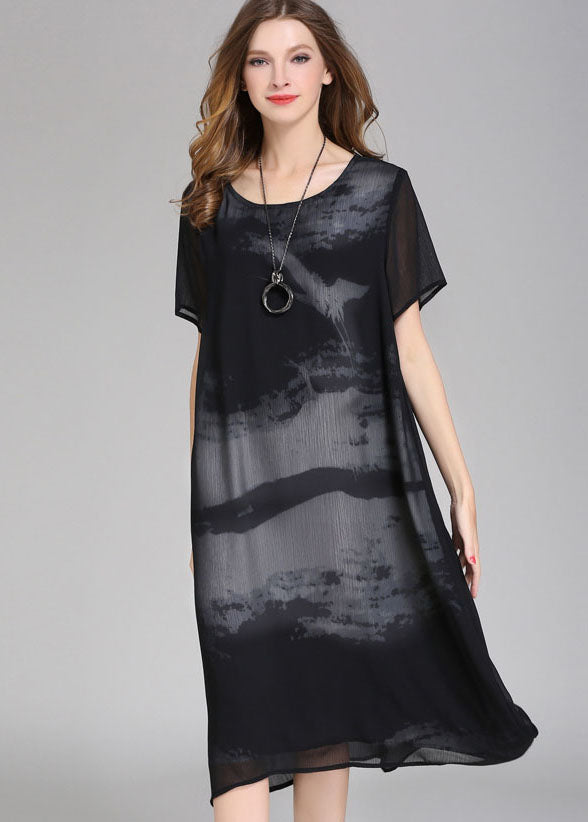 Abstract Brushstroke Print Short Sleeve Sheer Chiffon Shift Midi Dress