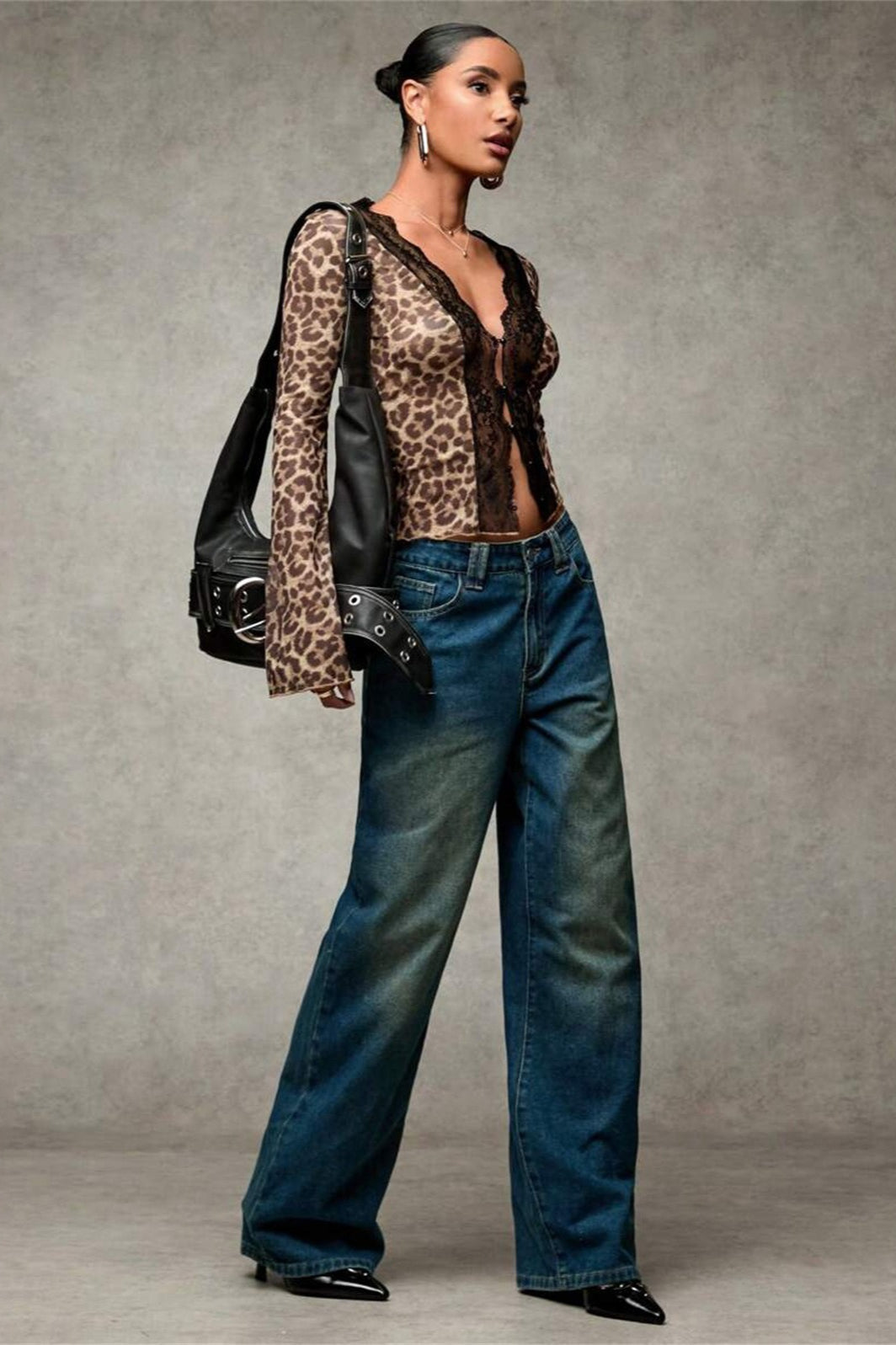 Lace Paneled Leopard Print Ruffled Cardigan for Stylish Elegance