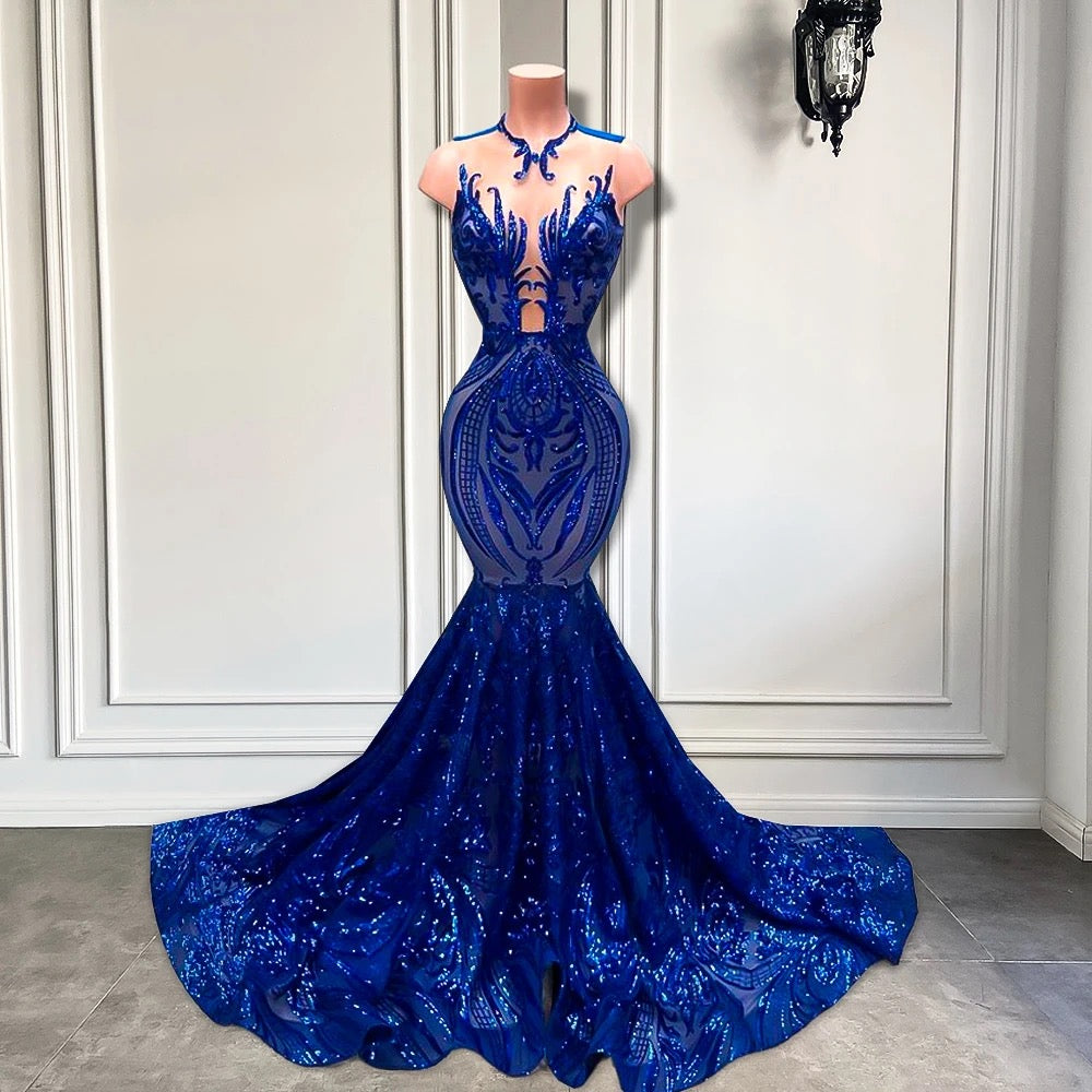 Fabulous Sequined Royal Blue Sleeveless Mermaid Long Formal Dresses - Fashionpara