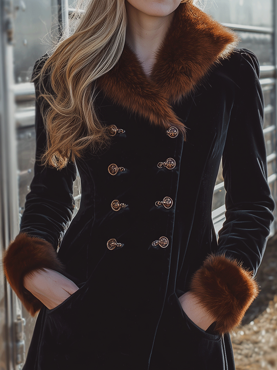 Vintage Black Velvet Double-Breasted Faux Fur Collar And Cuffs Coat - Fashionpara