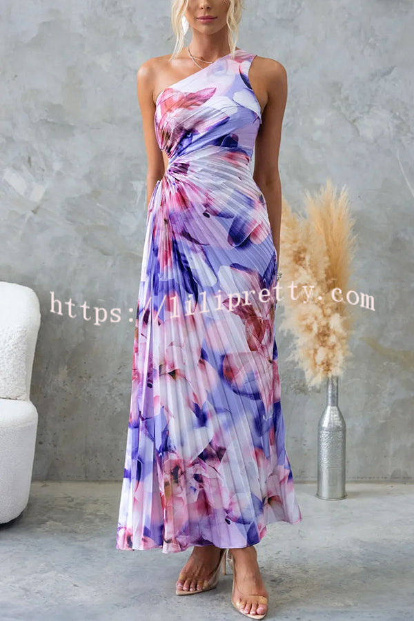 Laken Floral Print One Shoulder Adjustable Tie Cutout Pleated Maxi Dress - Fashionpara