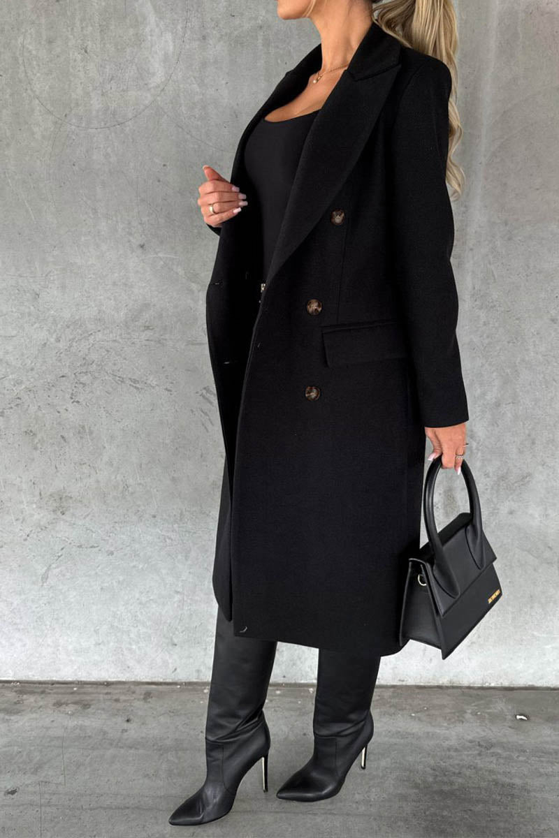 Solid Color Long Sleeve Double Breasted Coat with Pockets - Fashionpara