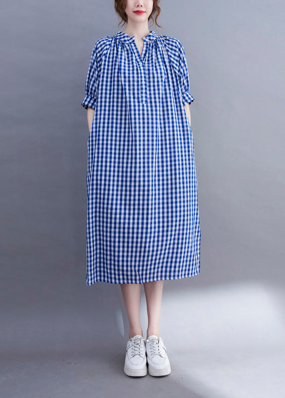 Gingham Check Mandarin Collar V-Neck Half Sleeve A-Line Midi Dress - View 2