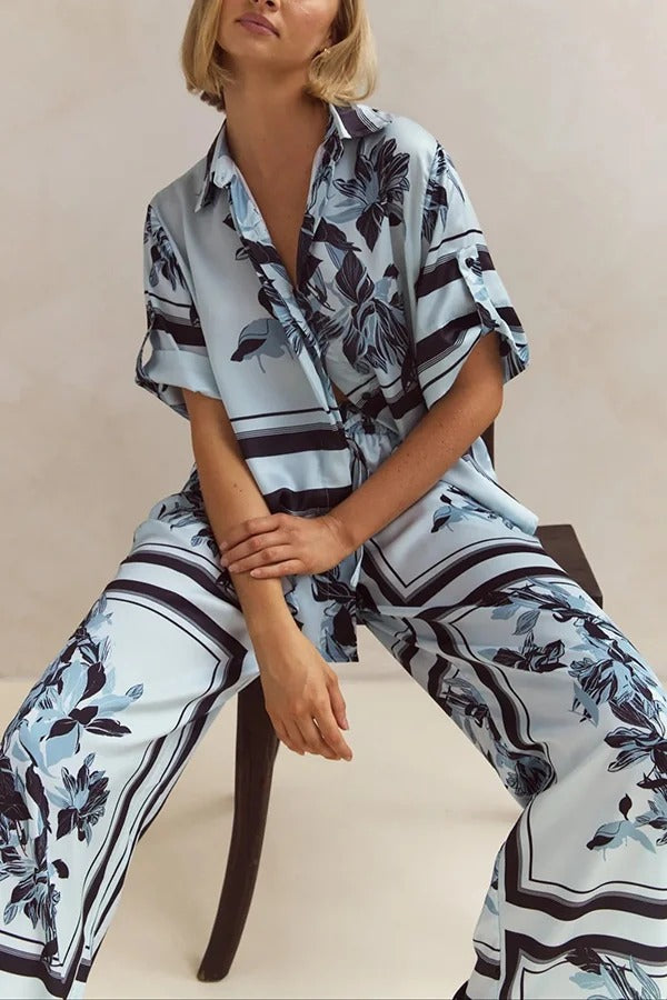 Fashionable Plant Print Loose Lapel Short Sleeve Shirt and Casual Elastic Waist Pocket Pants Set - Fashionpara