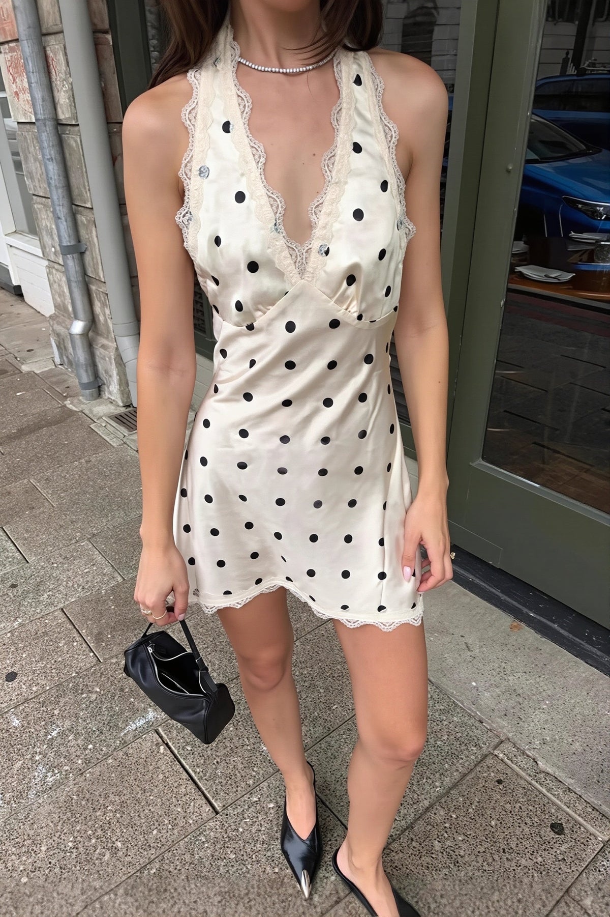 Polka Dot Lace Trim Halter Deep V-Neck Slip Mini Dress