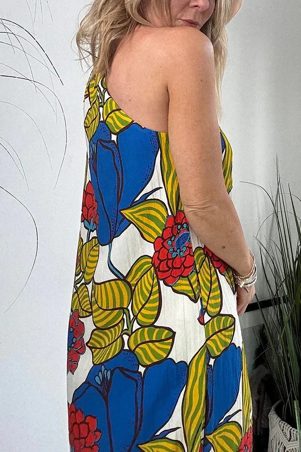 Floral Unique Printed One Shoulder Pocketed Loose Maxi Dress - Fashionpara