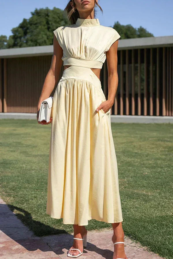 Sleeveless Mock Neck Side Cut Out Pleated Maxi Dress - View 4