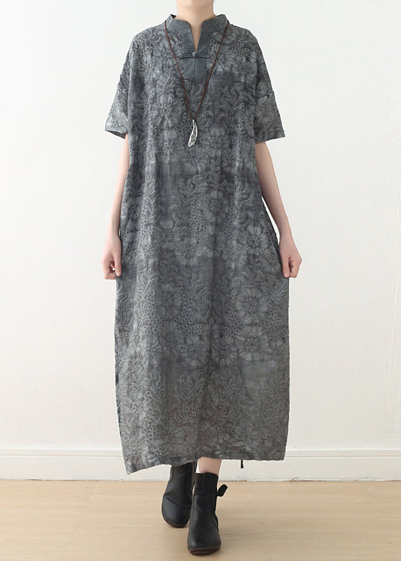 Floral Damask Mandarin Collar Short Sleeve Toggle Maxi Dress