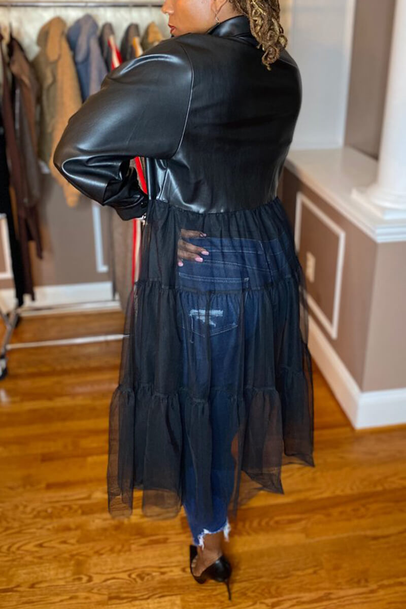 Plus Size Vegan Leather Tulle Long Sleeve Midi Dress Fashionpara