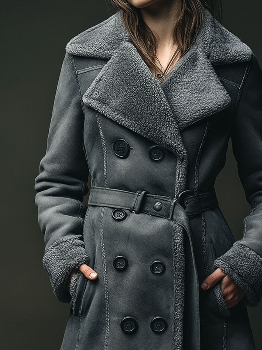 Charcoal Gray Lapel Collar Eco Shearling Double-Breasted Microsuede Coat