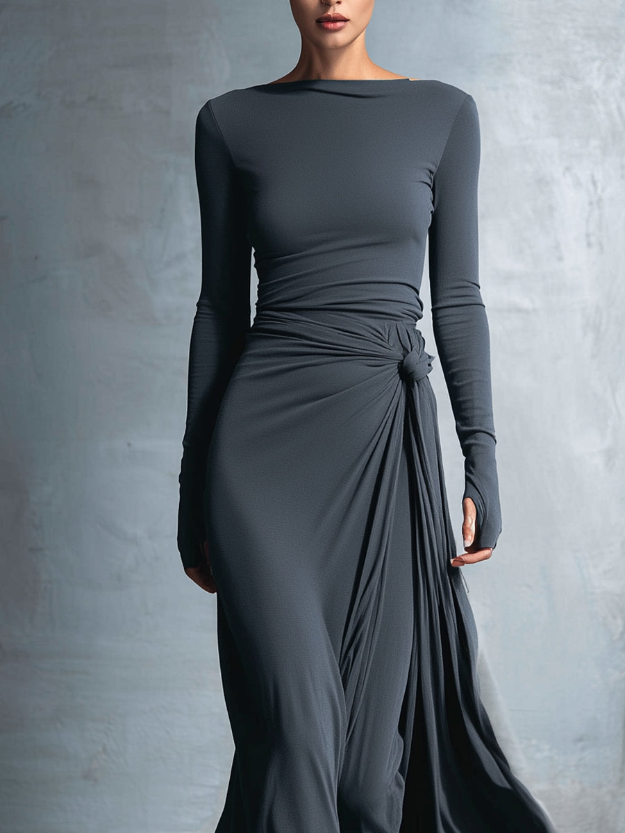 Boat Neck Long Sleeve Ruched Twist Maxi Dress 7