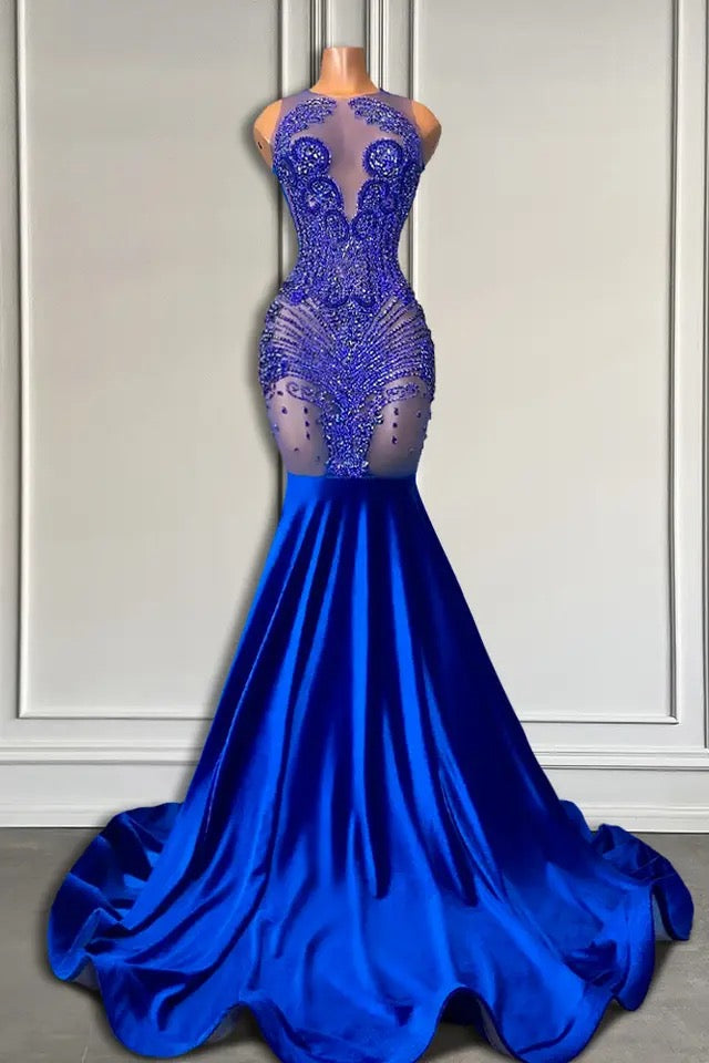 Gorgegous Sleeveless Royal Blue Scoop Neck Long Mermaid Formal Dresses with Beads - Fashionpara