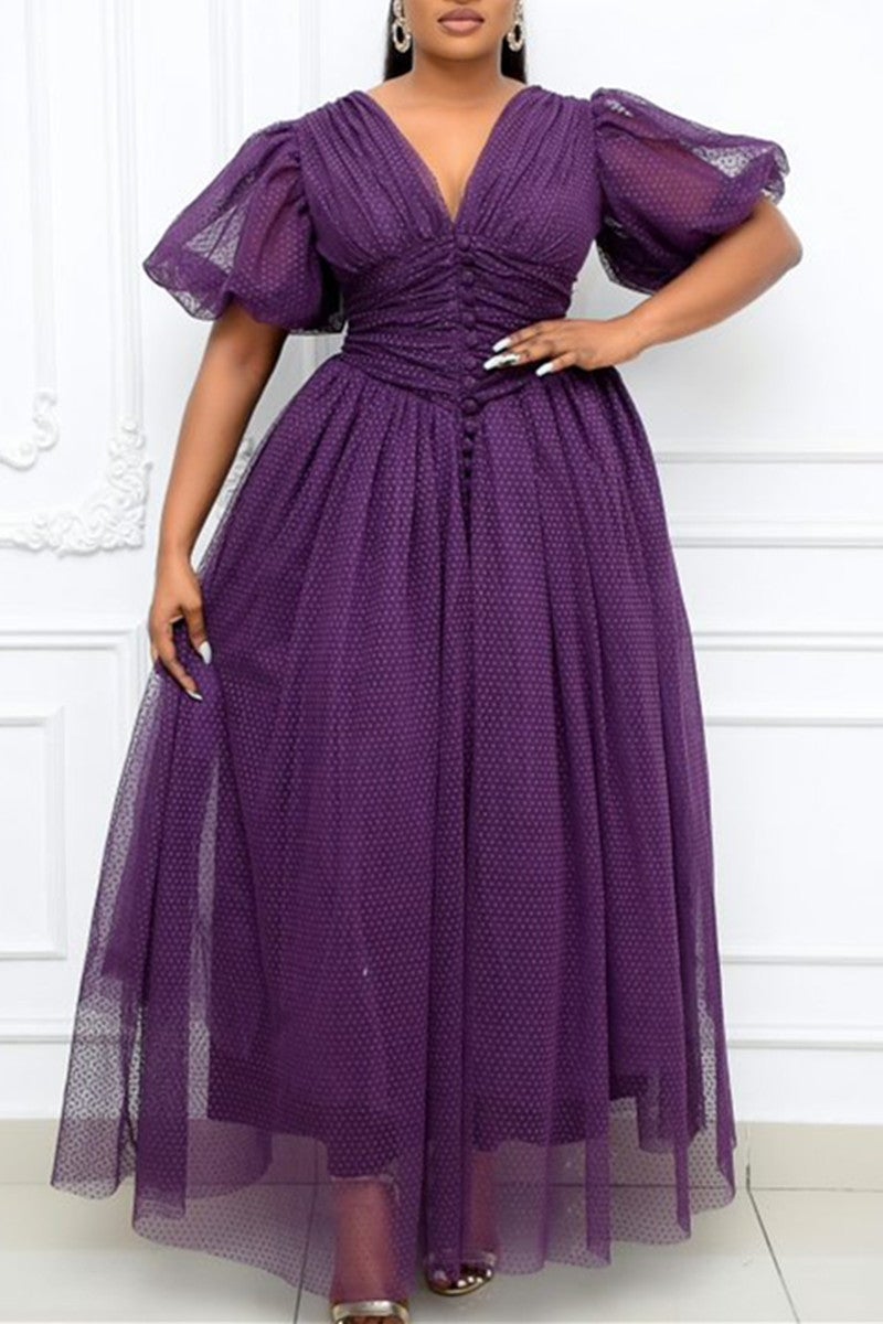 Plus Size Elegant Lace Sheer Polka Dot A-line Puff Sleeve Retro Maxi Dress Fashionpara