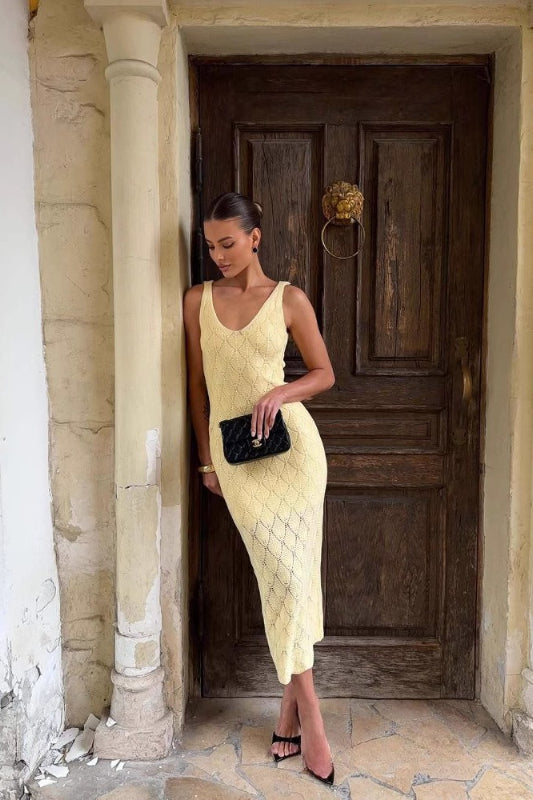 Pointelle Knit V-Neck Sleeveless Bodycon Maxi Dress